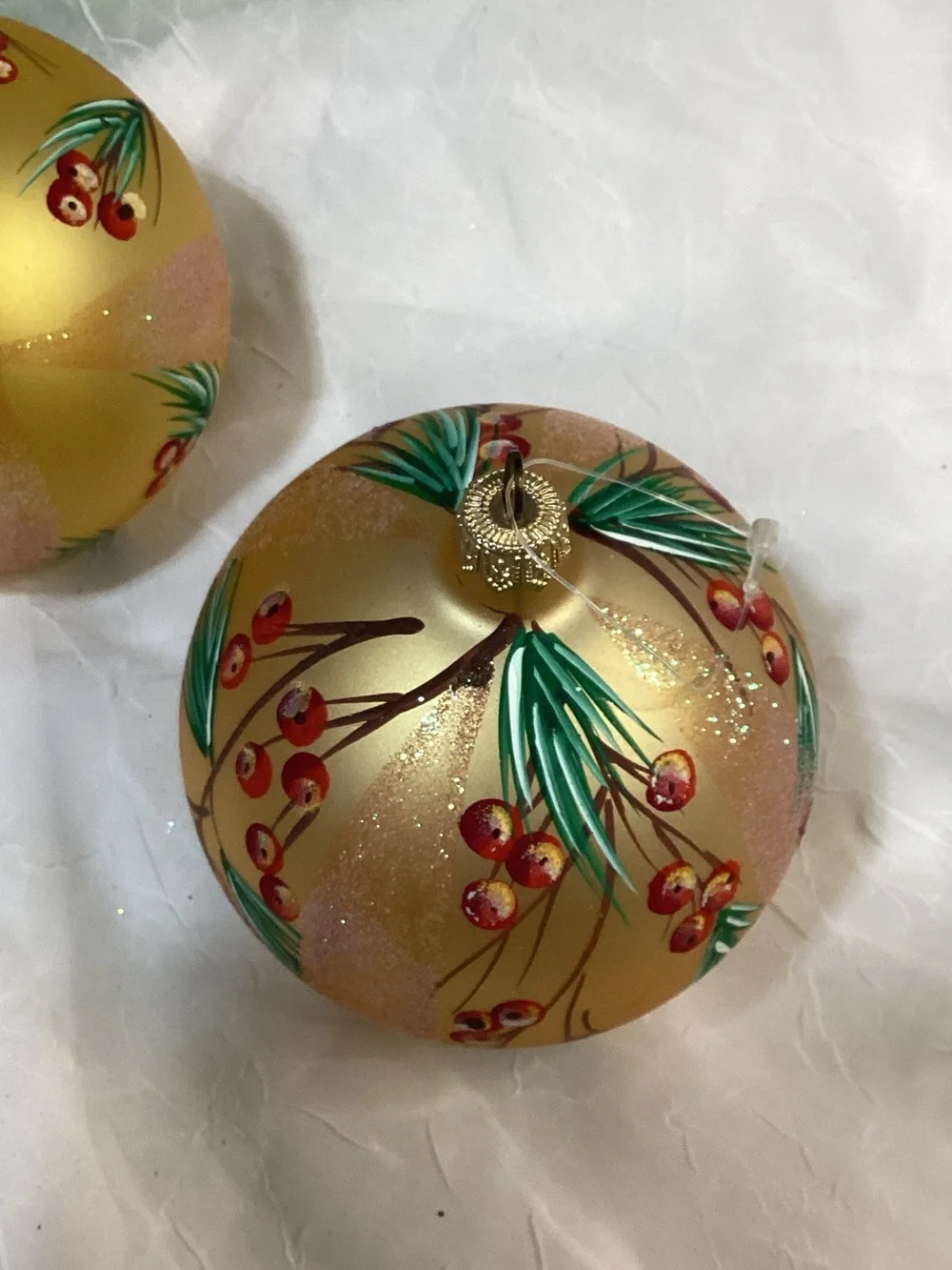 Hand-Painted Gold Glitter Holiday Pine Tree Themed Ornament Set Larger Size